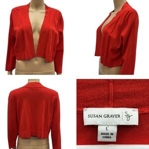 Susan Graver Red Knit Shrug Open Front 3 Quarter Sleeve Cardigan Rayon Blend L